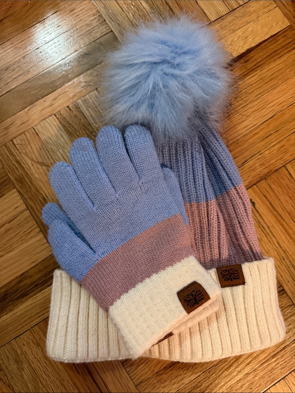 Kids Colorblock Pom Beanie & Glove Set - Light Blue, Pink & Cream